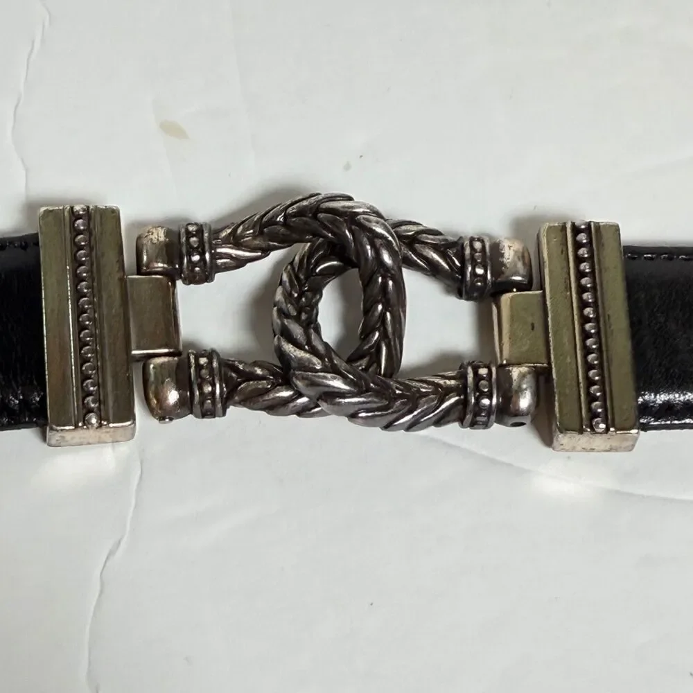 Vintage Talbots Black Leather Belt Silver Tone Knot Buckle Large 1996 Western